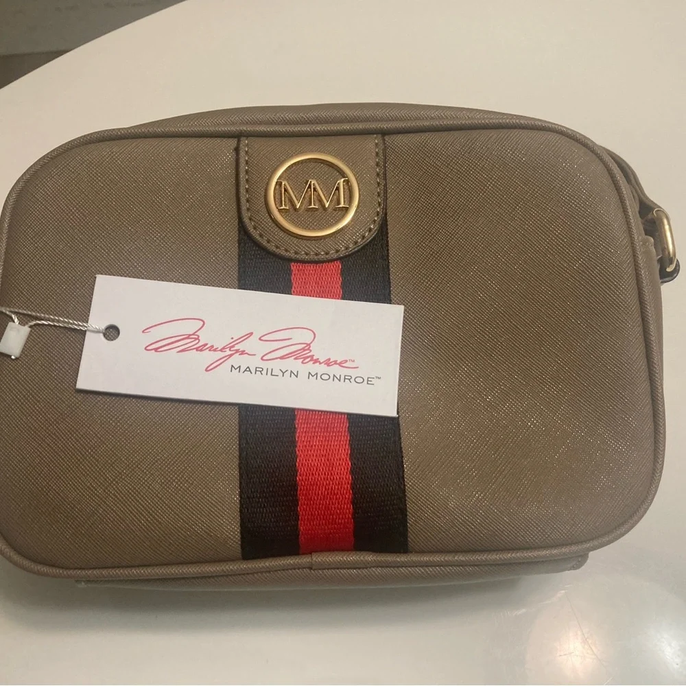 Marilyn Monroe Taupe Crossbody Bag with Red & Black Stripe - Picture 1 of 4